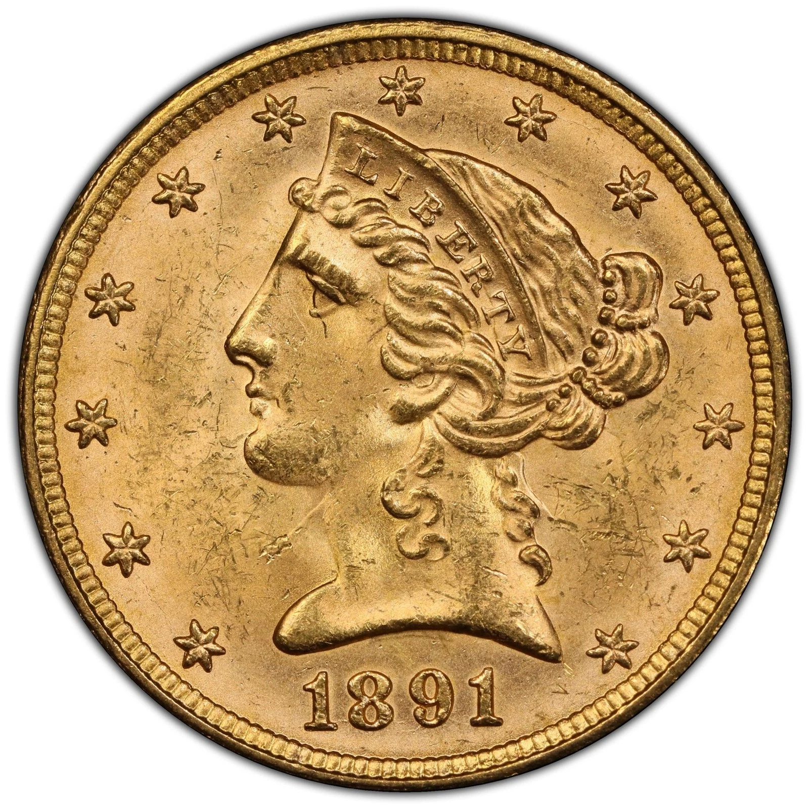 1891 $5 Liberty Head Half Eagle PCGS MS64+ (CAC) Only 1 better..