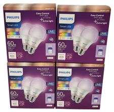 (x4) 2 Pack=(8 Bulbs) PHILIPS A19 SMART LED LIGHT BULB 60W WIZ WI-FI