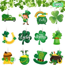 St. Patrick's Day Wooden Ornaments Set - 24 Shamrocks Leprechaun Decorations