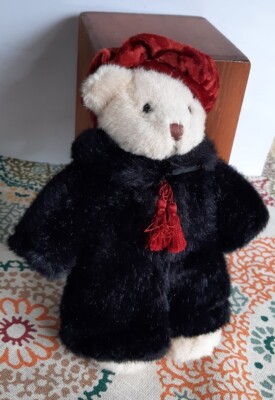 Russ Berrie Sasha Teddy Bear in Black Fur Winter Coat/Red Hat #259, 7 1/2  Tall