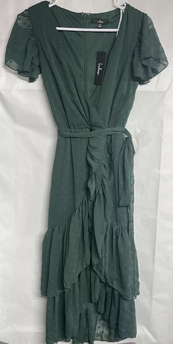 Lulus Next to You Emerald Green Swiss Dot Ruffled Midi Dress Size XS NEW NWT