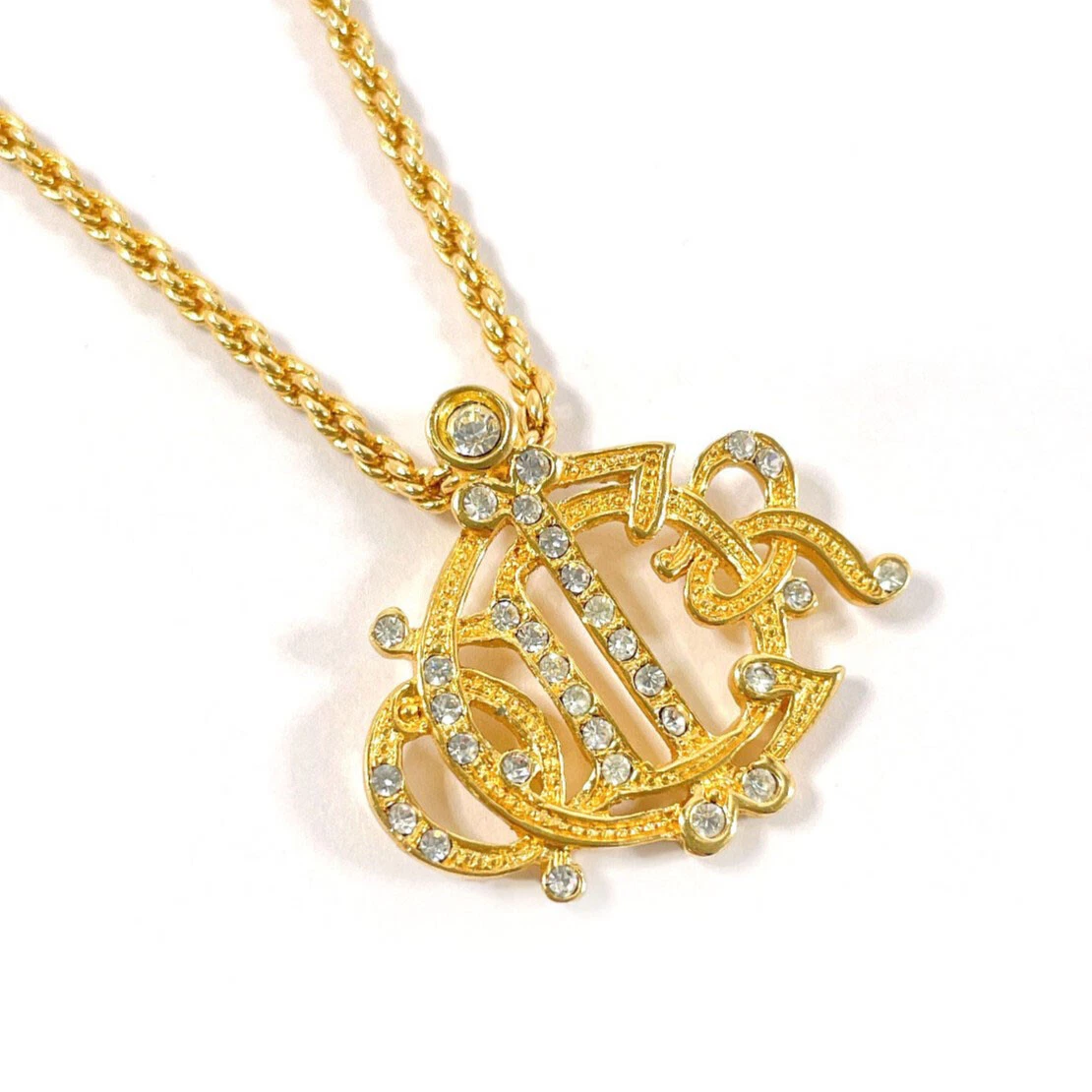 Collana Christian Dior Emblema Logo Metallo Strass Oro Accessorio Vintage