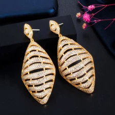 Women Yellow Gold Plated Cubic Zircon Striped Large Rhombus Dangle Drop Earrings