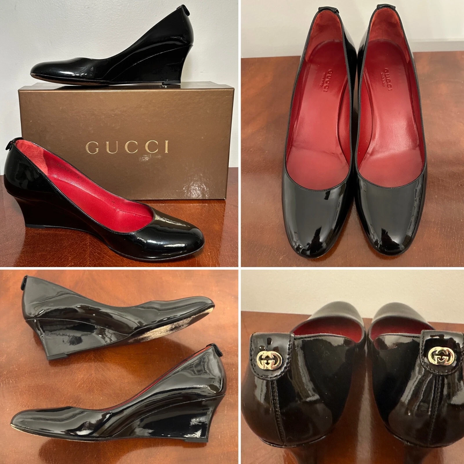 Chaussures à talons compensés GUCCI cuir verni noir avec boîte imbriquée GG taille 8