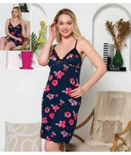 Damen Nachthemd Träger Spitze sexy Negligee Lingerie 1019 Blumen dunkelblau pink