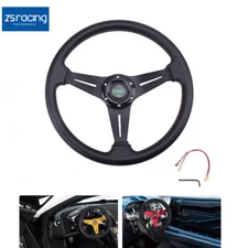 Black Sport Racing 340mm Deep Dish PVC 6 Bolt Steering Wheel with Horn Button
