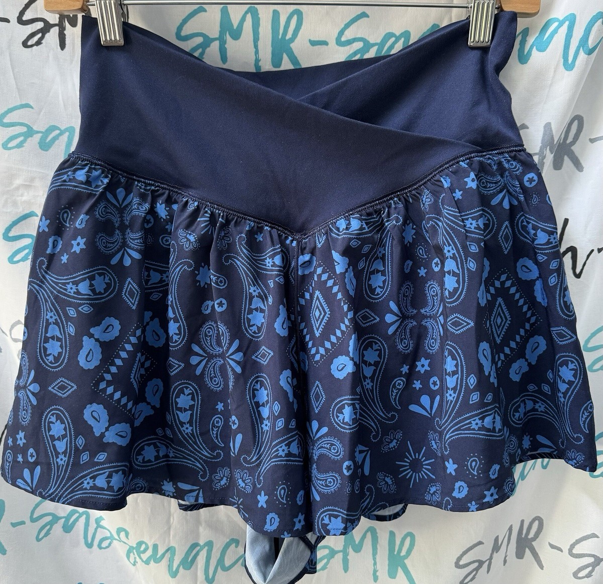 Womens Aerie Offline Blue Flow Crossover Geometric Shorts Size L Large EUC