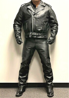 River Road Traditional Biker Slant-Zipper Black Leather Jacket Size 52 