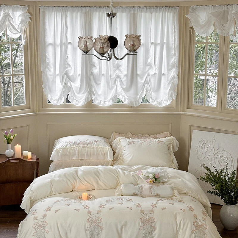 Bedding Set 4 Pieces Embroidery Lace Flower Duvet Cover Flat Sheet 2 Pillowcases - Image 3 of 4