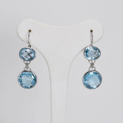 Boucles D'oreilles En Or Blanc 18 KT Avec Topaze Bleue Ronde Double OBHT 0173 - Photo 1/3