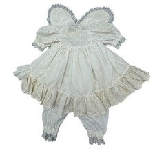 Vintage White Eyelet Lace Girls Dress wings Ruffled Hem  Bloomers 3 Pieces READ