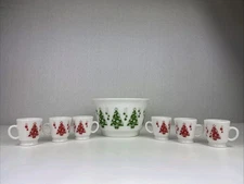 Hazel Atlas Milk Glass Green Red Christmas Tree Egg Nog Punch Bowl & 6 Cups EXC