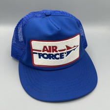 Vintage Air Force Trucker Hat Snap Back Blue Military Patch Logo 80s USA Made