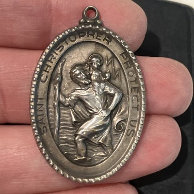 Sterling Silver Antiqued Saint Christopher Medal Pendant