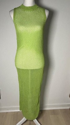 Women's Lime Green Crochet Knit Sleeveless Madi Dress Swimwear Cover-up Size S