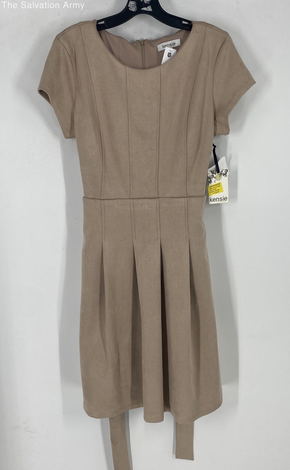 Kensie Womens Tan Short Sleeve Belted Round Neck A-Line Dress Size 8