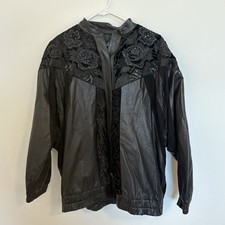 Vintage 80s Judith Ann Creations Black Leather Beaded Bomber Jacket XL
