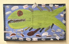 Original Mose Tolliver MoseT Alabama Folk Outsider Art Painting Wood Green Fish