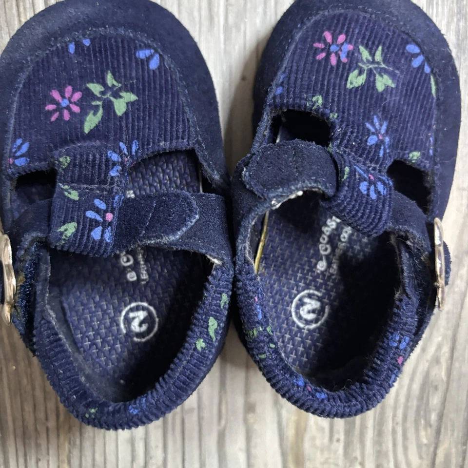 Navy Blue Infant Size 2 Leather Corduroy Mary Jane With Flowers - Image 4 of 4
