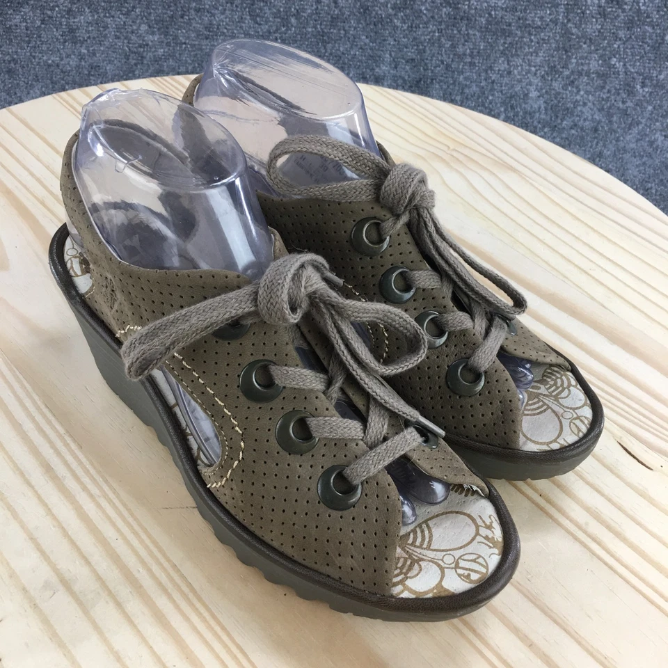 Sandalias Fly London Mujer 39 Taupe Yiva Correas Cuero Perforado Cuña Peep Foto 3 de 4