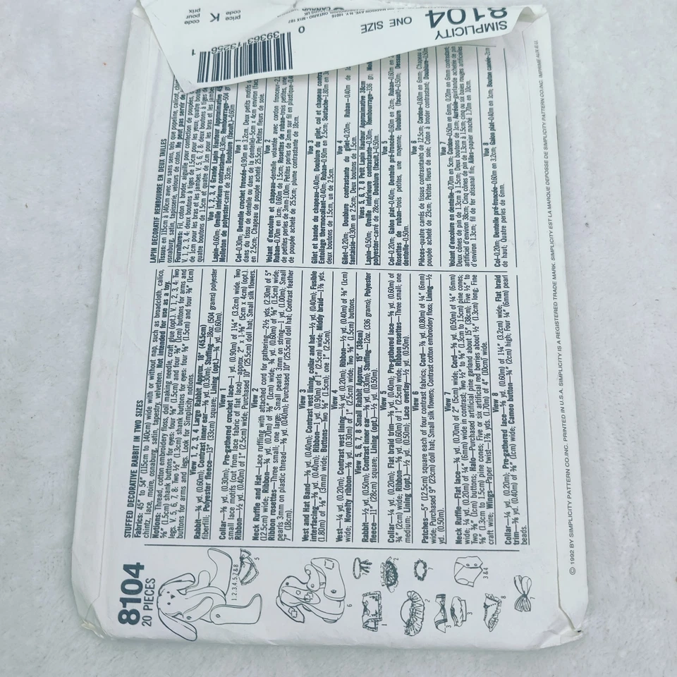 Simplicity Crafts 8104 Sew Pattern Stuffed Bunny Rabbit Uncut - Image 2 of 3