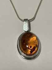 Vtg Sterling Silver & Cognac Amber Cabochon Oval Pendant 16” Necklace (6.84g)