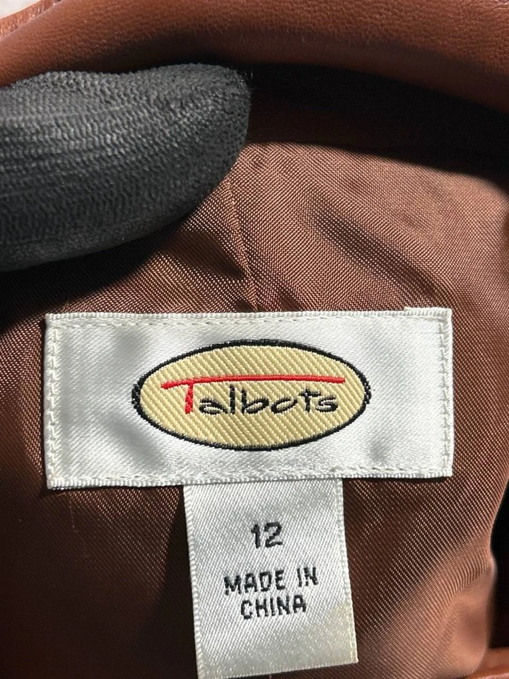 Chaqueta de motociclista de cuero ajustada Talbots para mujer 12 marrón forrada cuello falso carreras Foto 4 de 4