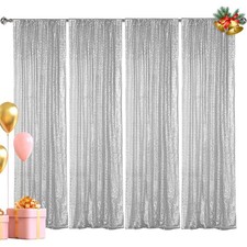 4 PCS 2x8FT Silver Sequin Backdrop Curtain Glitter Photography Party Decor