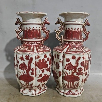 Xuande , hand-painted enamel red flower vase pair