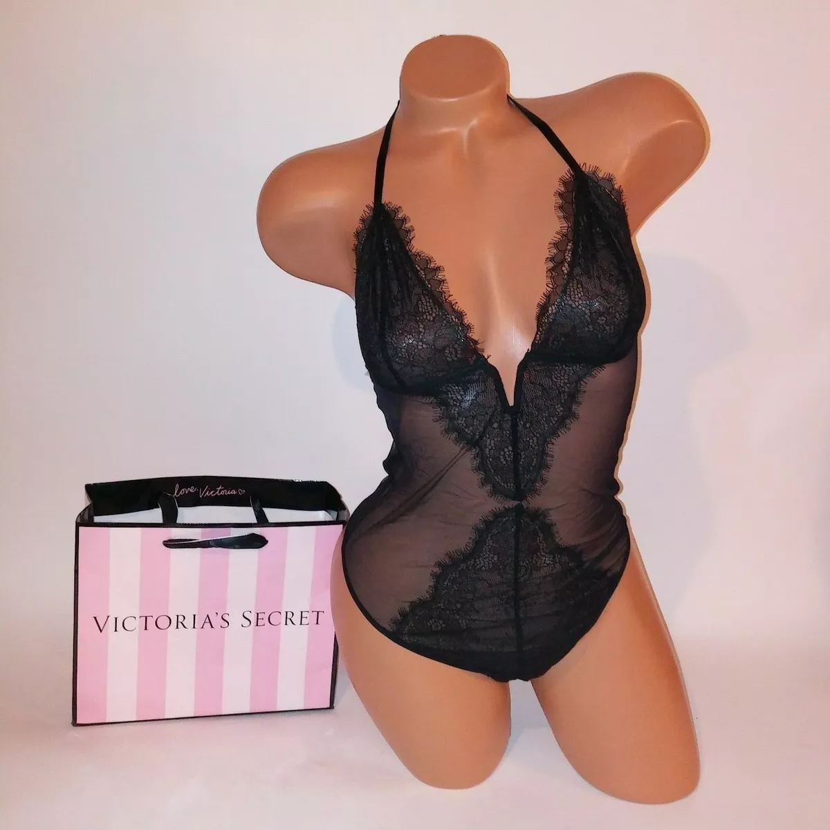 Victoria Secret Lingerie Small Teddy One Piece Bodysuit Black Sheer Lace  Pull On