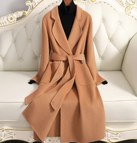 Womens Belted Long Cashmere Blend 100% Wool Coats Jacket Outwear