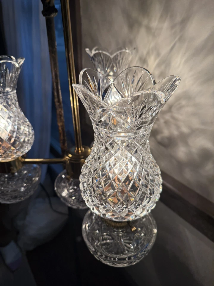 Waterford Lismore Three Arm Polished Brass Chandelier- Hurricane Lamp- Crystal - Image 2 of 4