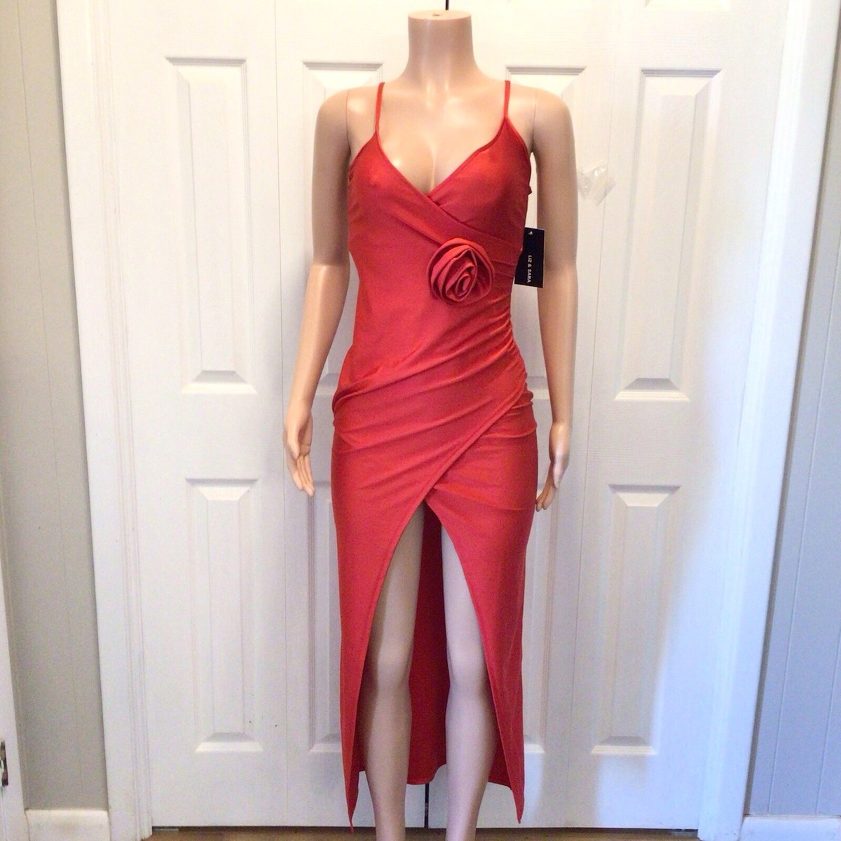 red bodycon slip dress Liz & Sara Womens Red Satin Sleeveless Slit Front Bodycon Slip Dress Size  Small
