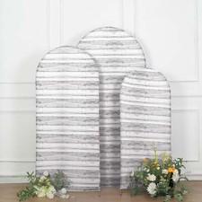 3 Whitewashed Fitted Spandex Round Top Arch STAND COVERS Set Wooden Design Party