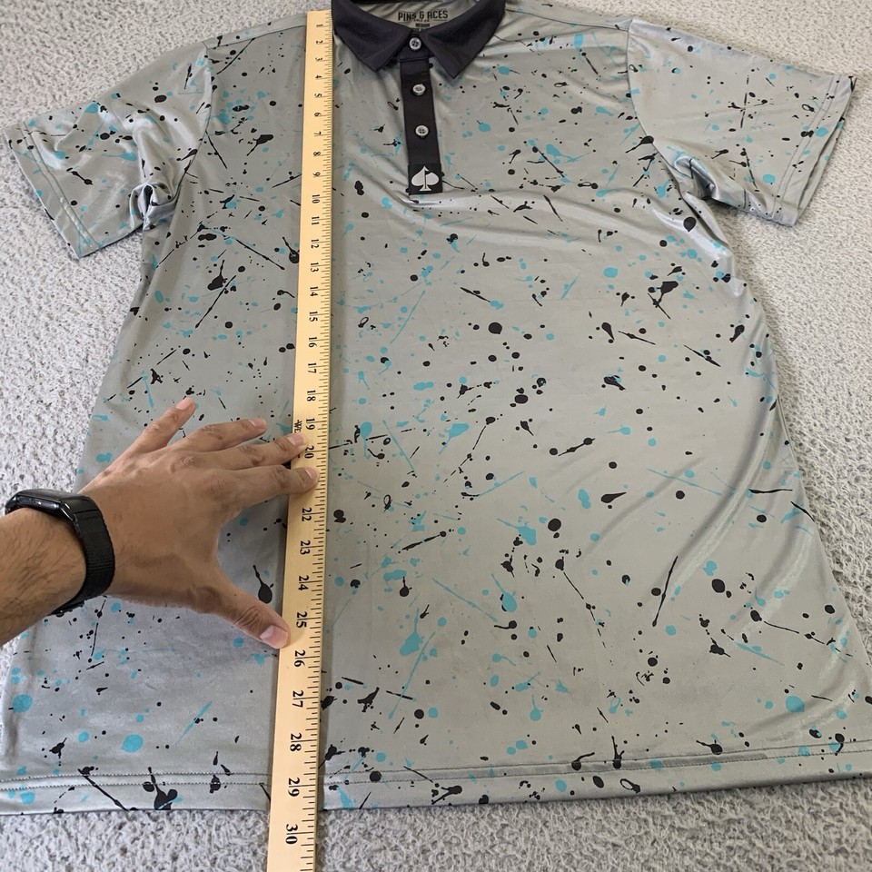 Pins & Aces Golf Shirt Mens Medium Teal Black Splatter Performance Cool