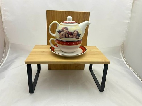 Théière Céramique Blanche Motifs Noir Et Rouge - Avec Soucoupe, Comme Neuve, Jamais Utilisée