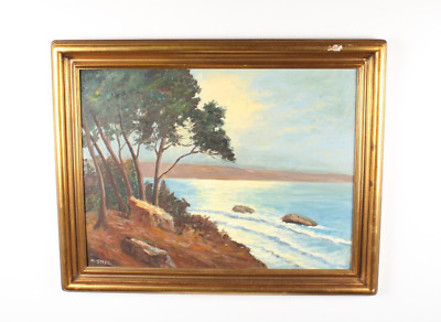 Seaside Seascape Landscape Antique Oil Painting On Board Signed M. Steed
