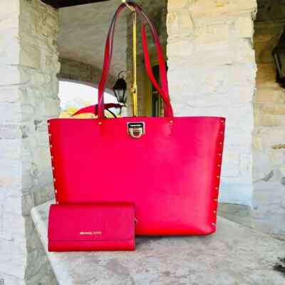 Michael Kors Manhattan Large Smooth Leather Tote Shoulder Bag Handbag In Flame 