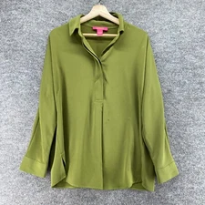 Catherine Blouse Women L Large Green Collared Long Sleeve Pullover Casual Solid