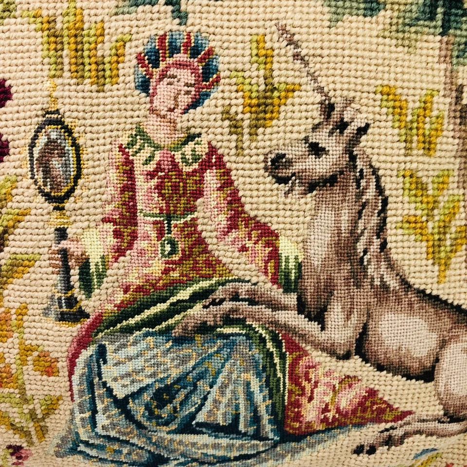 Wool Needlepoint Pillow Lady and the Unicorn & Lion Petit Point 15 in x 15 in - Image 2 of 4