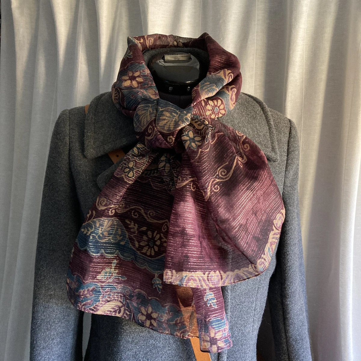 Vintage Nordstrom Painterly Floral Botanical Purple and Gold Metallic Silk Scarf