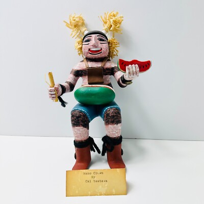 Sitzender Hano Clown isst Wassermelone Hopi Kachina/Katsina 9,5'' signiert Cal Yestewa