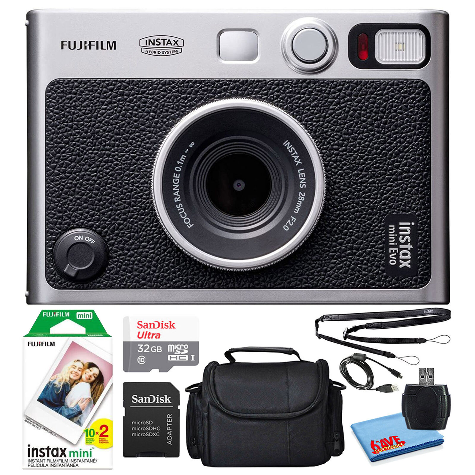 Fujifilm Instax Mini EVO Instant Film Camera (Black) with 20 Films + 