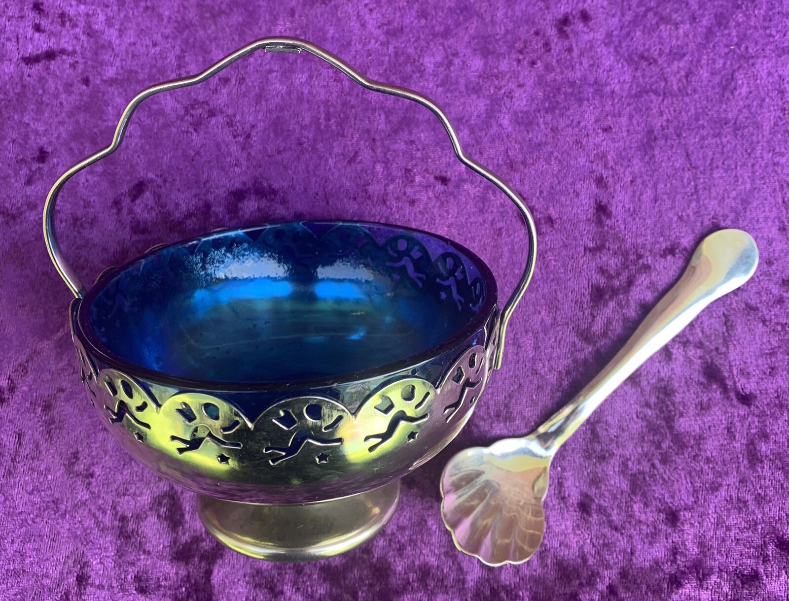 VINTAGE JAM / SUGAR BOWL WITH SPOON Blue glass & silver c1960’s eBay