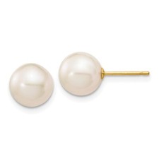 14k Yellow Gold 8-9mm White Round Freshwater Cultured Pearl Stud Earrings 0.1gm