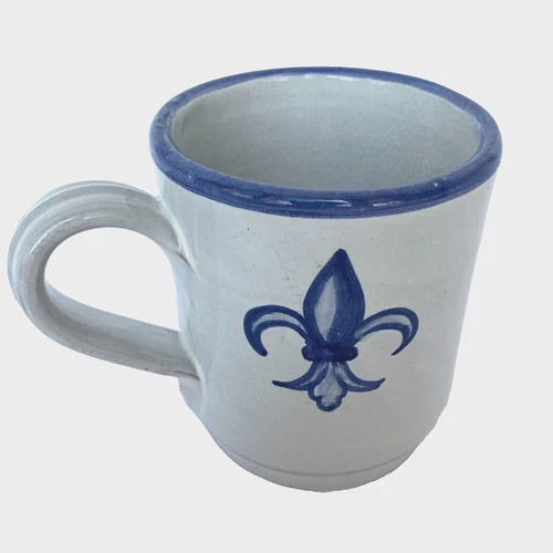 VTG Portugal MM Redware Pottery Fleur-de-Lis Hand Painted Coffee Mug Signed