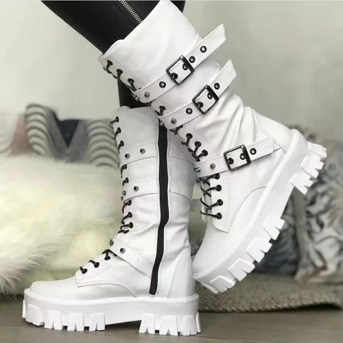 Stivali punk donna tacco a spillo metà polpaccio stivali gotici scarpe stringate zip plateau taglia - Foto 3 di 40