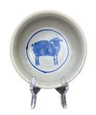 J Kemper Art Pottery Bowl Sheep Farmhouse Folk Art Cereal Soup Blue Stoneware