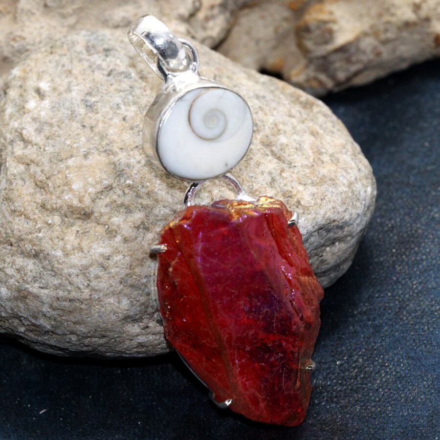 925 Silver Plated Red Titanium Aura Quartz Shiva Shell Pendant Size 2.6