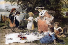 CHARITY PICNIC CHILDREN GIVING FOOD ENGLISH PAINTING BY FREDERICK MORGAN REPRO